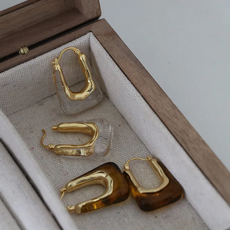 Brass Colorful Clear Resin Earrings Women Jewelry Punk Designer Runway Rare Simply Gown Boho Japan Korean