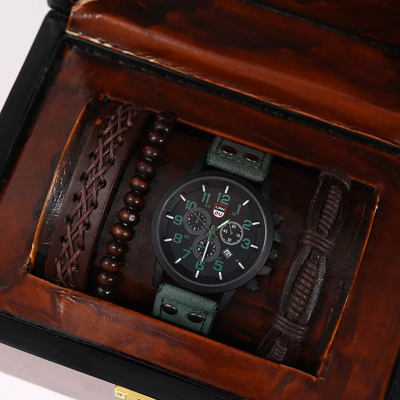 4PCS Set Fashion Mens Sports Watches Man Business Quartz Wristwatch Luxury Brown Leather Bracelet Men Casual Clock Watch