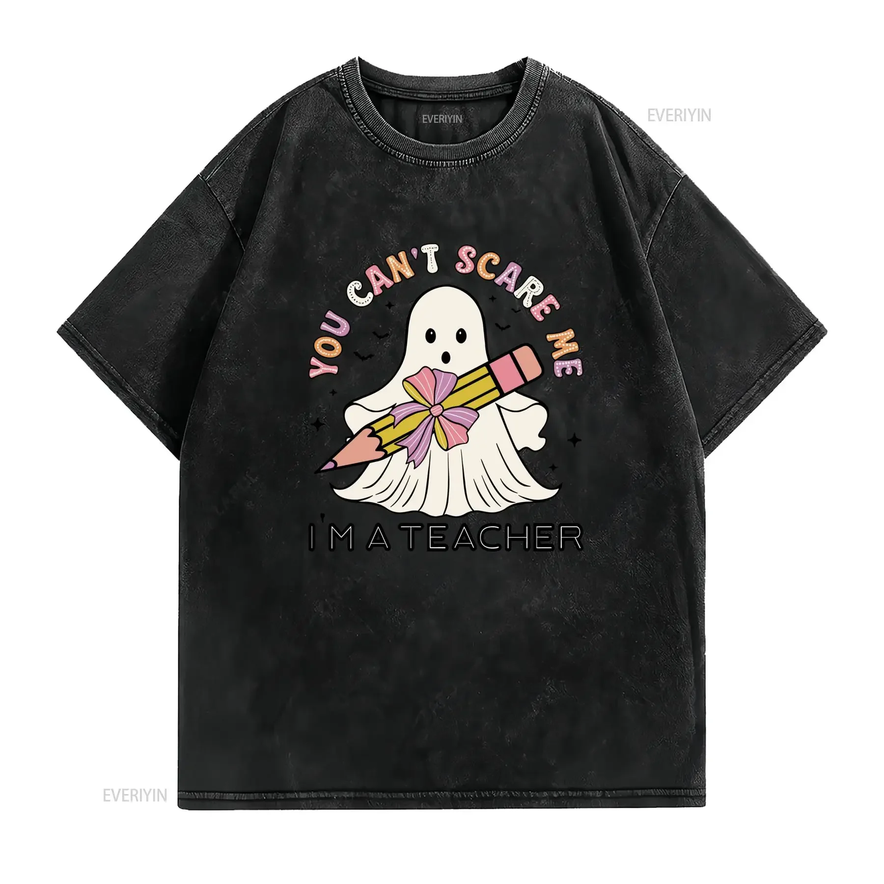 Cute Cartoon Halloween Teacher Ghost Pencil You Can't Scare Me Print Casual T Shirt vintage Washed Unisex Stylish Stretched