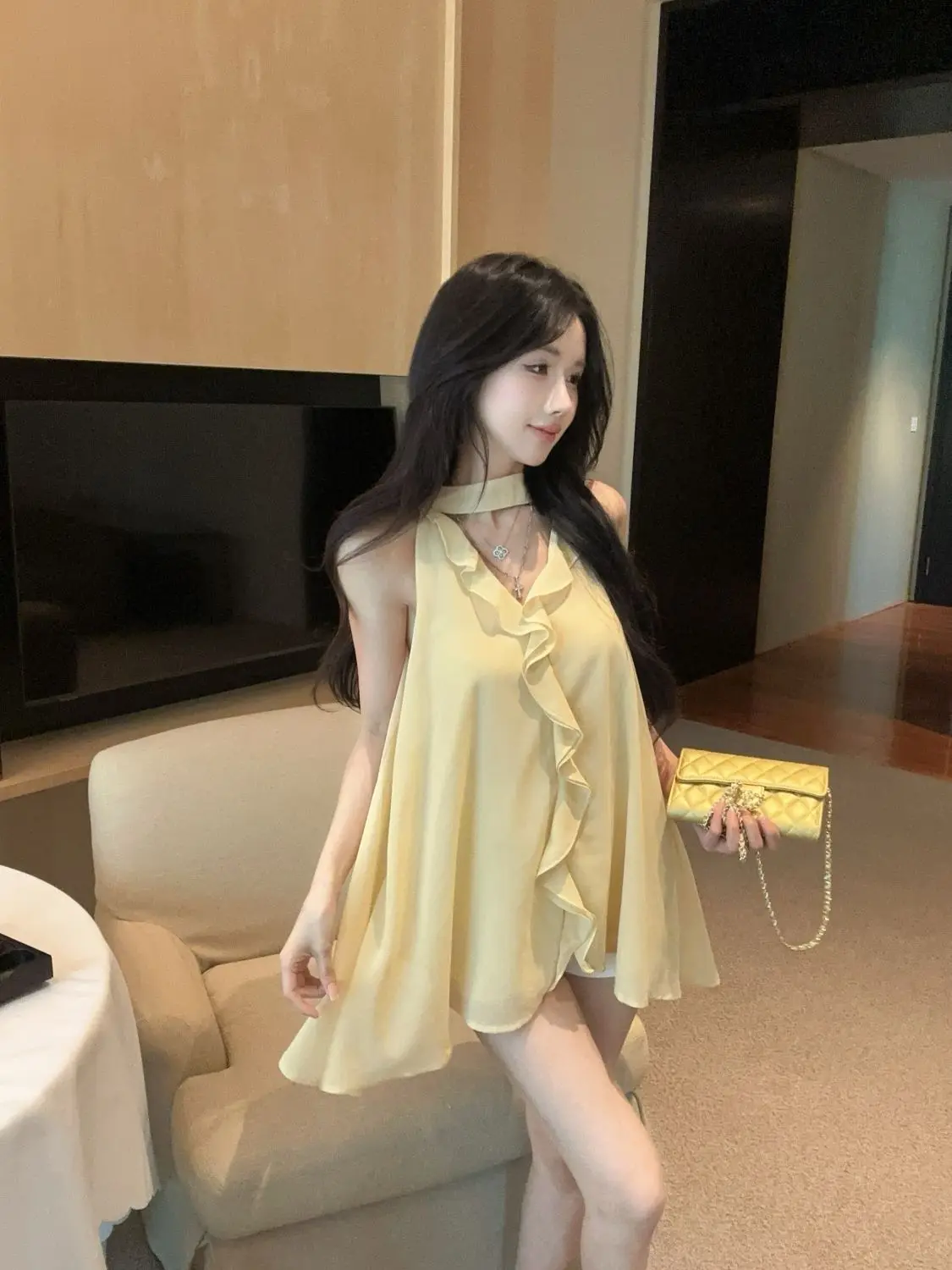 New Summer Wear Yellow Top For Women'S French Ruffle Design V-Neck Scarf Streamer Chiffon Shirt