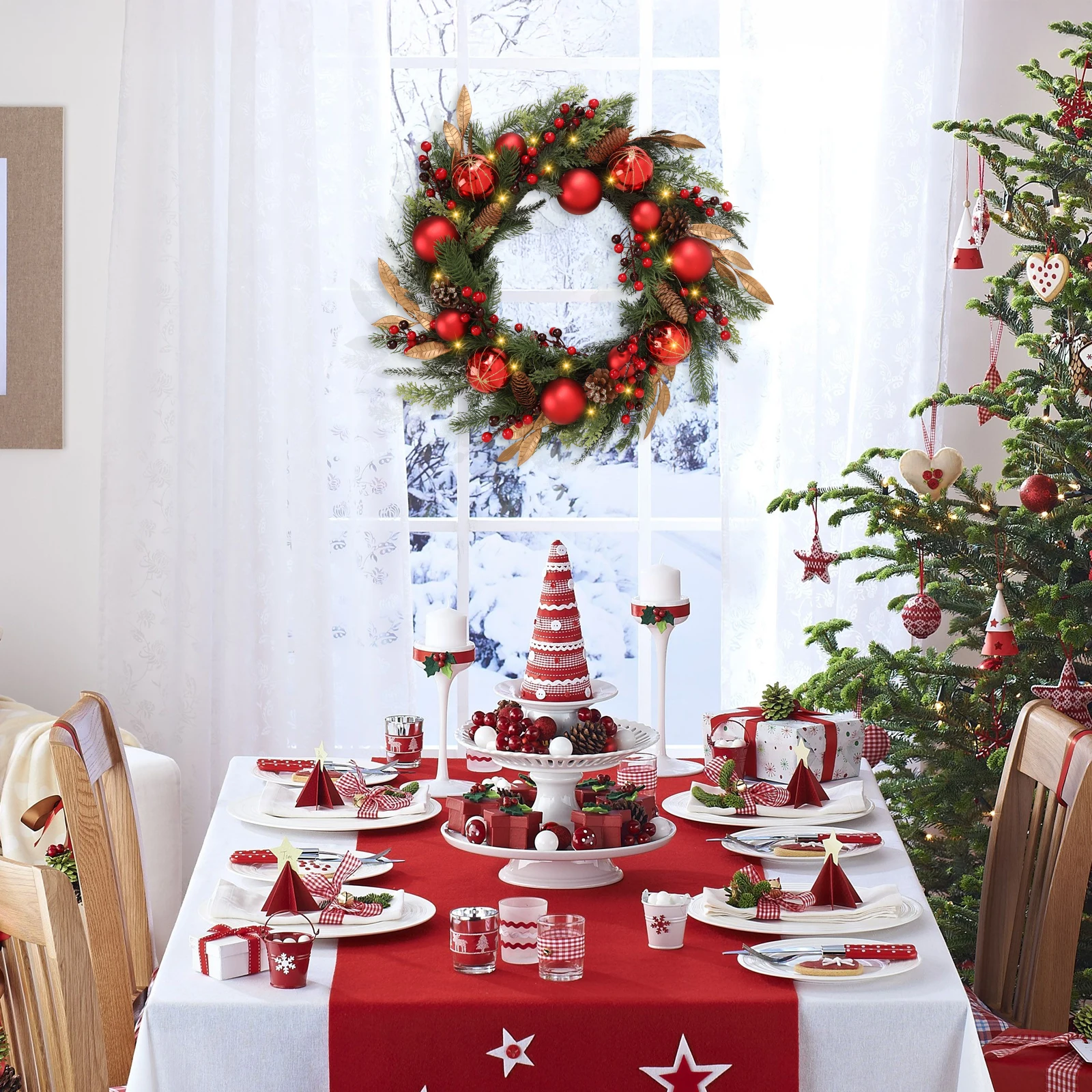 

24 Inch Christmas Wreath Pre-lit with 50 LED Lights, Battery Operated Shatterproof Holiday Decor for Front Door, Outdoor & Indoo