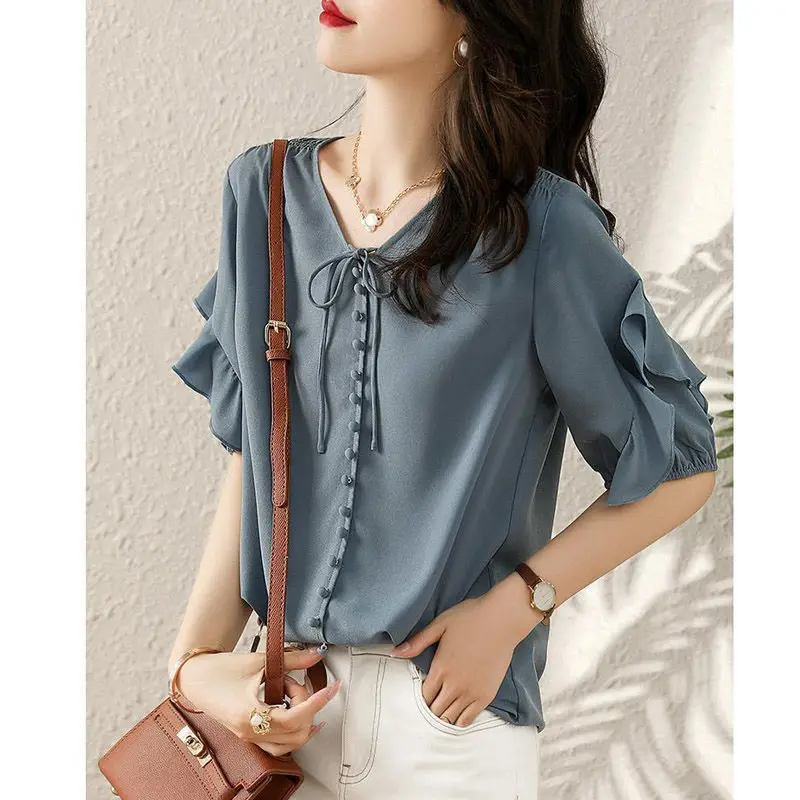 Elegant Fashion Ruffles Lace Up Chiffon Blouses Woman 2022 Summer New Office Lady Commute V-Neck Butterfly Sleeve Button Shirts