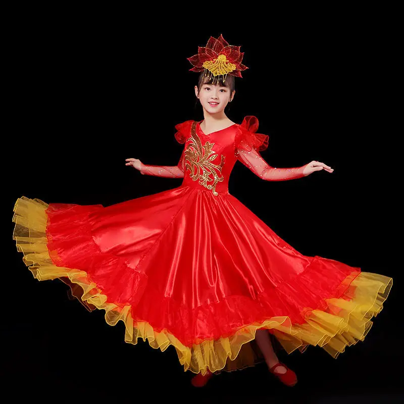 Costume spagnolo Performance Girl Abito lungo da flamenco rosso Gonna da ballo per ragazze Abiti da ballo per bambini Costumi per bambini