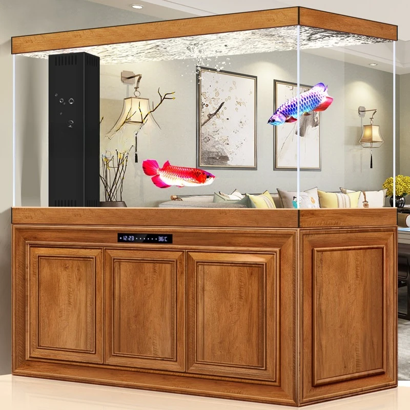 

Chinese Style Arowana Tank - Large Solid Wood Screen Divider Aquarium with Ultra Clear Glass & Bottom Filter Furniture JT40