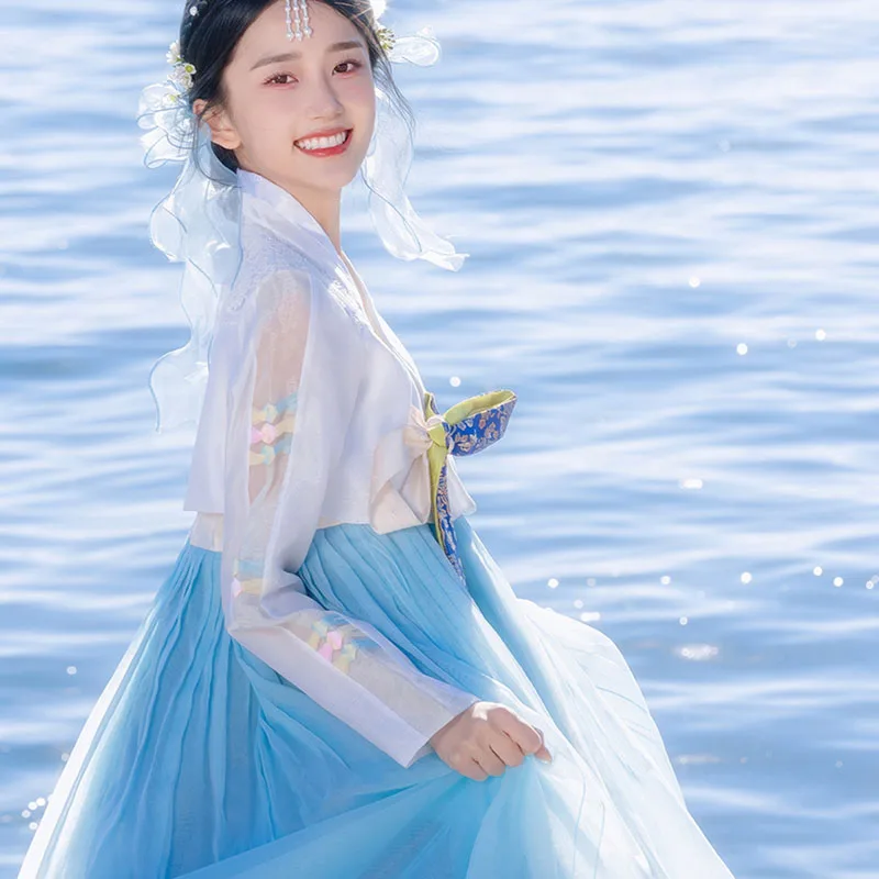 Hanbok-vestido tradicional de gasa azul para mujer, traje de corte coreano para boda, Kimono, ropa de las islas de Asia y el Pacífico, 2023