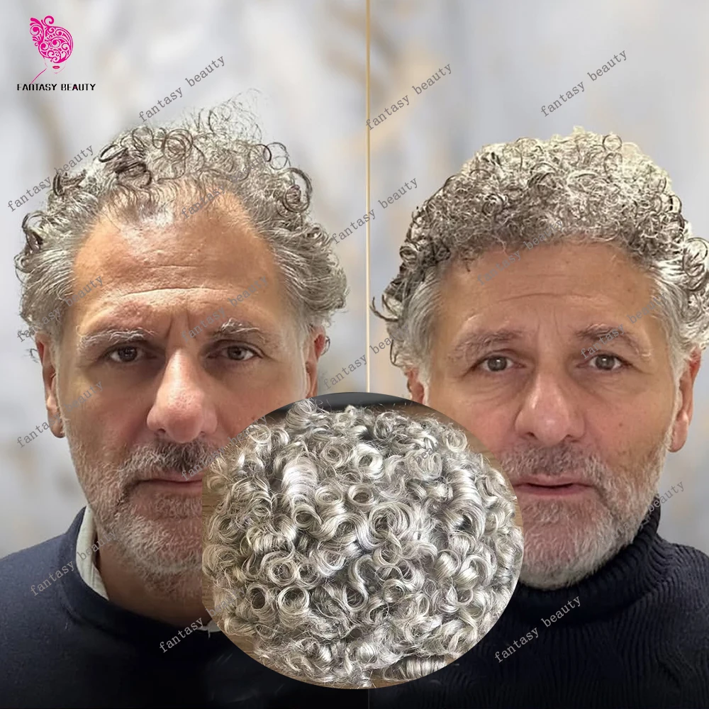 

Undetected 20mm/24mm Natural Curly Human Hair Male Wigs 1B80 Sliver Grey Brown #2 Toupee Durable 0.1mm Injected PU Base Prosthes