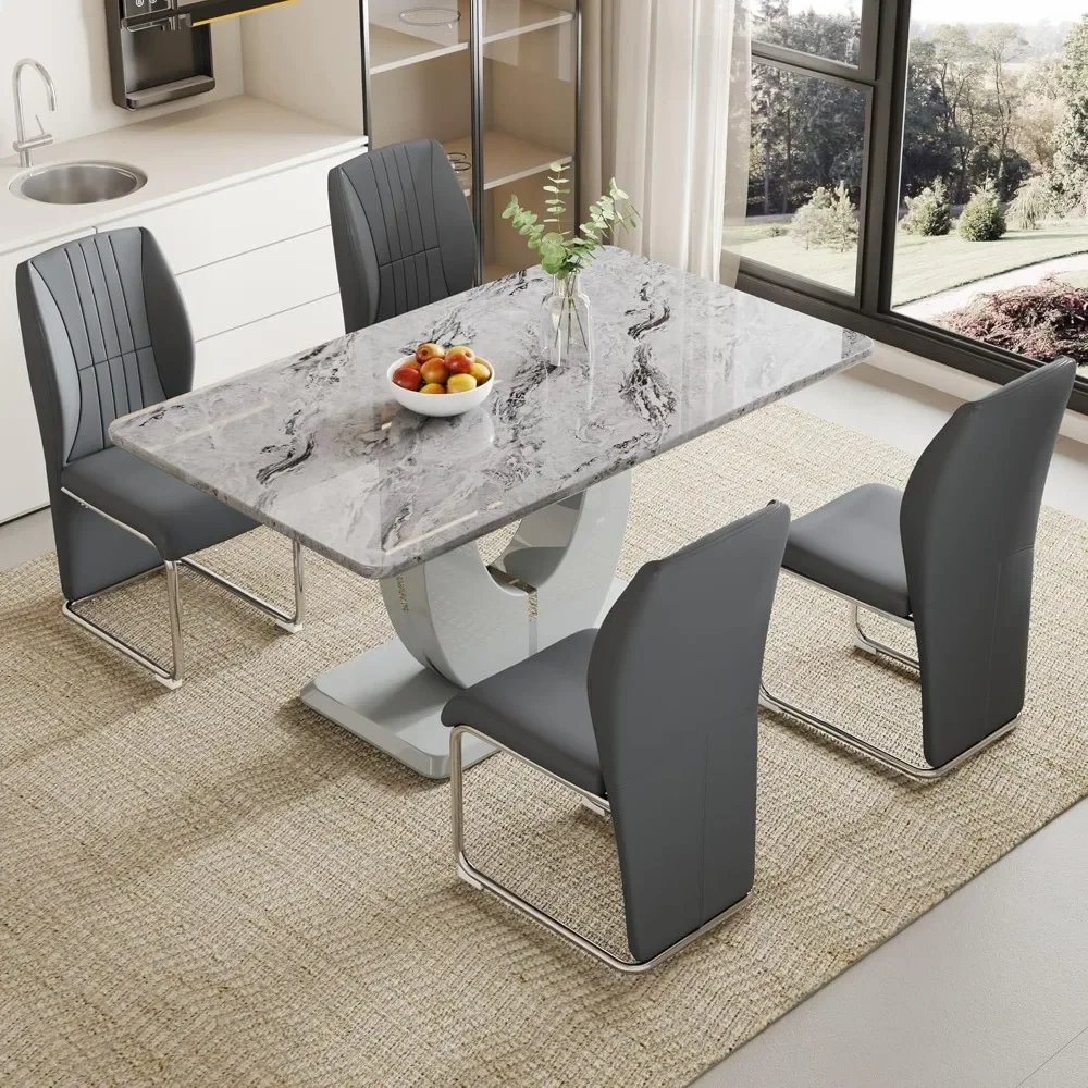 

Grey imitation marble dining table set for 4 people, dining table and 4 PU leather cushioned dining chairs