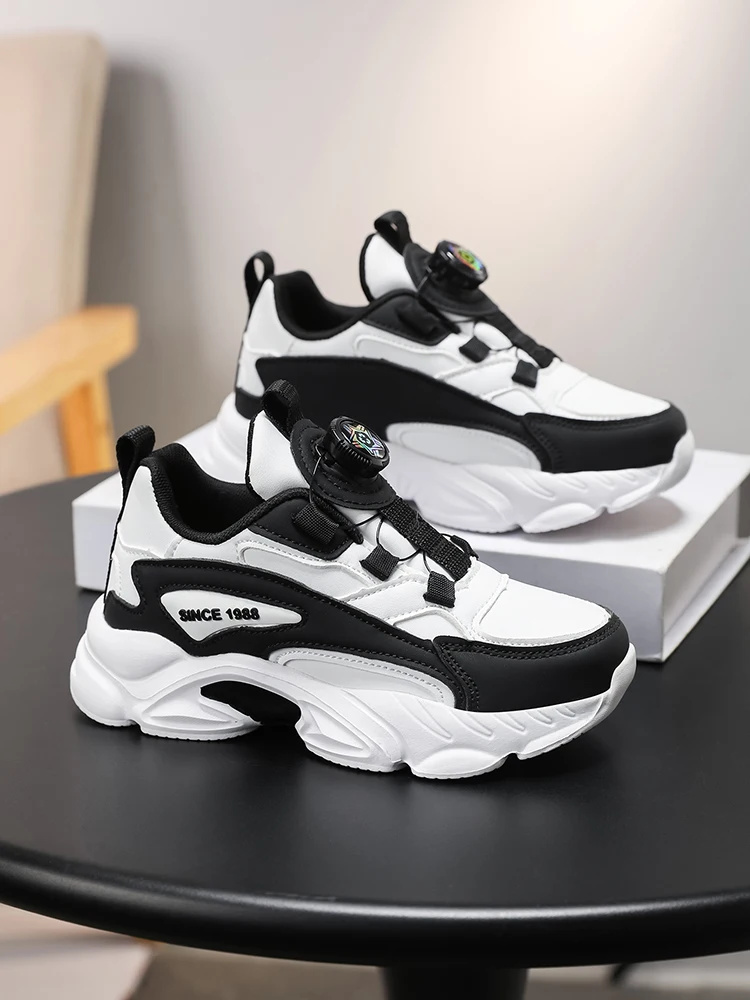 🔥 All-Black Kids' Rotary Buckle Dad Sneakers | Super Easy for Kids to Put On and Take Off, No Fatigue Even When Running and Jum