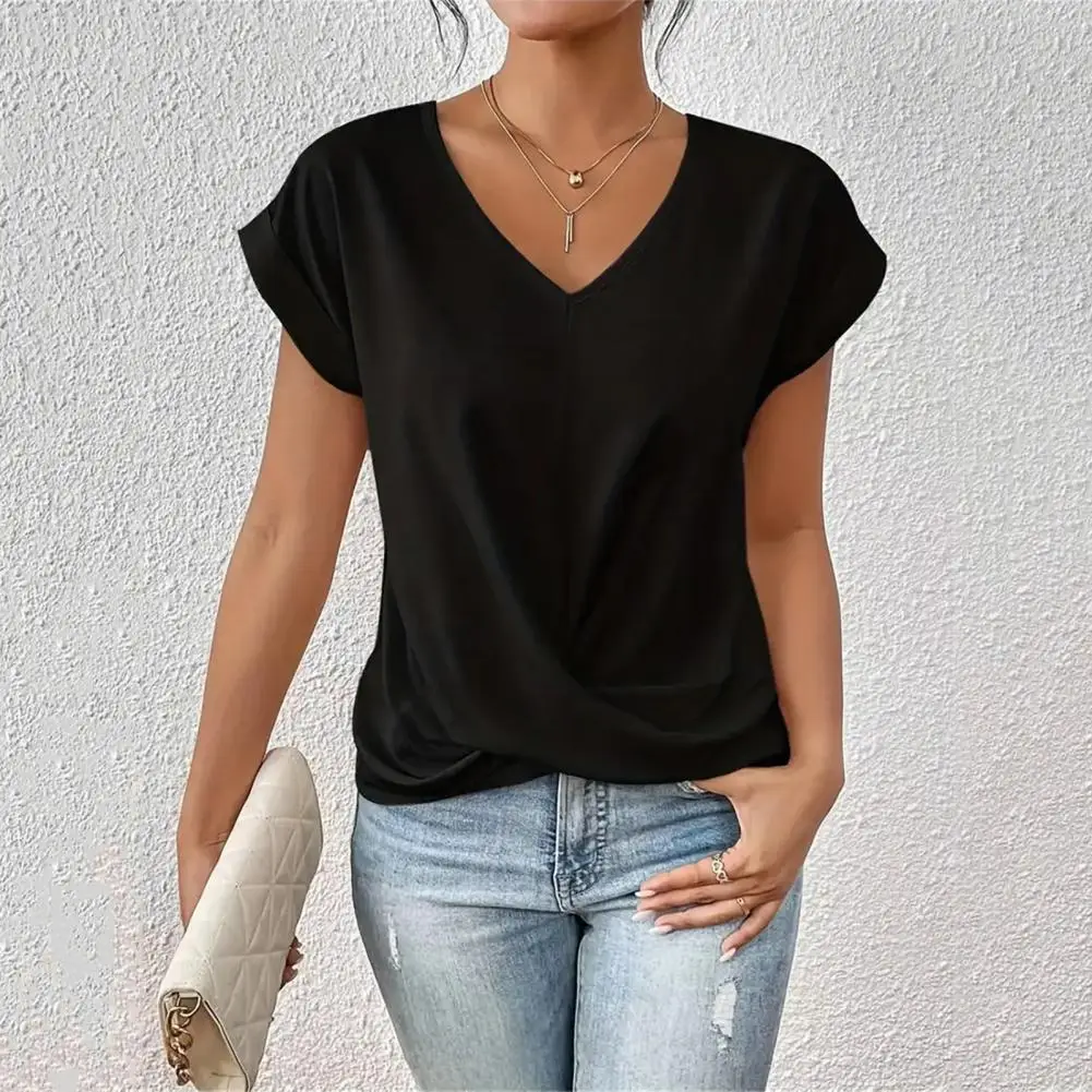 Top clásico de Color sólido para mujer, camisas elegantes con cuello en V, Tops transpirables para Jeans, faldas, moda versátil para damas