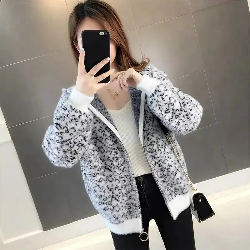 Imitation Mink Hair Autumn Winter Women\'s Coat Leopard Print Knitting Cardigan Hooded Short Loose Add Thick Female Outerwear