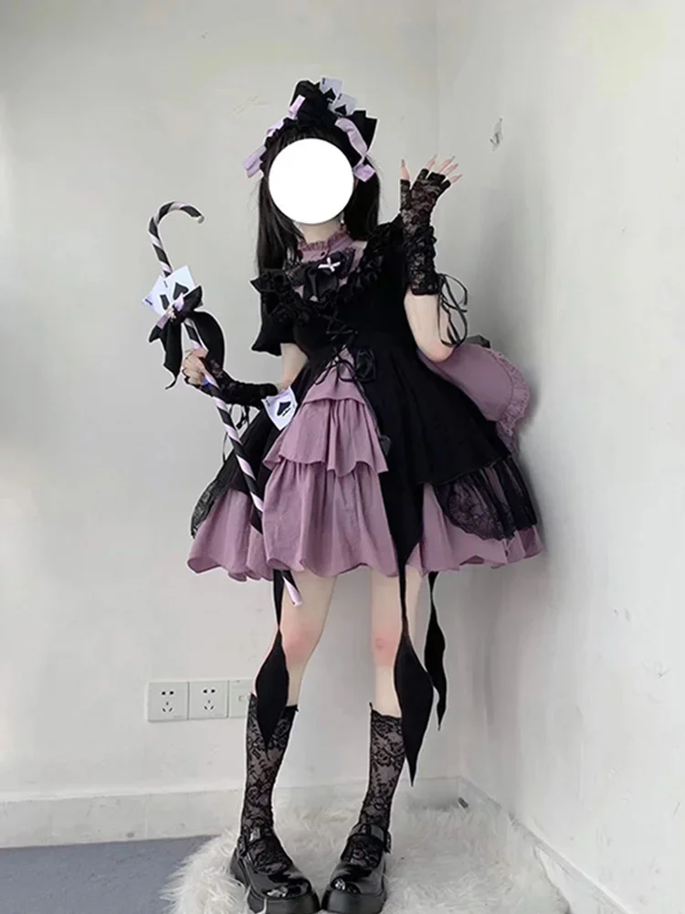 Japanese Black and Purple Bow Dress for Girl, Sweet Kawaii Princess Dress, Splicing Lolita Dress, New and Original