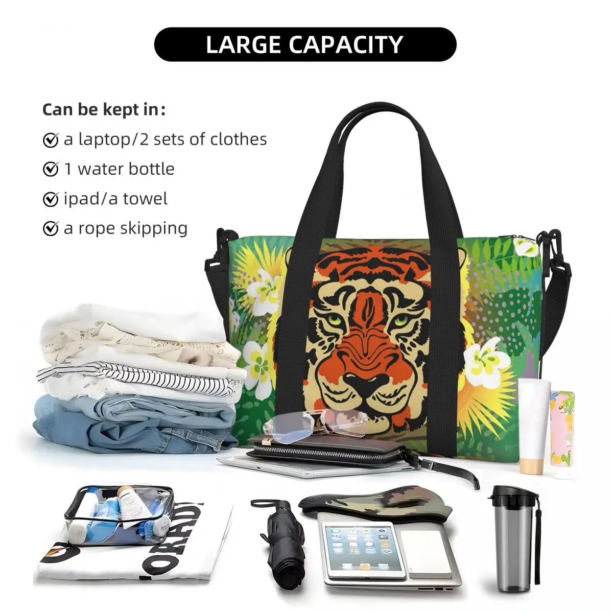 ليوبارد النمر الكرتون حقيبة سفر الشاطئ سعة كبيرة حمل الحقائب لصالة الألعاب الرياضية اليوغا المرأة التسوق حقيبة كتف واق من المطر #6