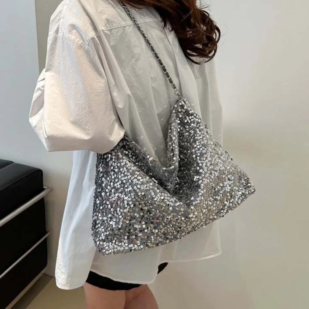 

Storage Bag Elegant Sequins Crossbody Bag Y2K Sweet Large Capacity Chain Bag Solid Color Polyester Shiny Shoulder Pouch Daily