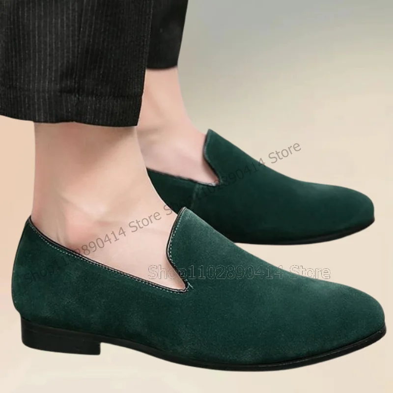 Mocasines aterciopelados con diseño de costura verde para hombre, zapatos informales sin cordones, lujosos, hechos a mano, para fiesta, banquete y oficina