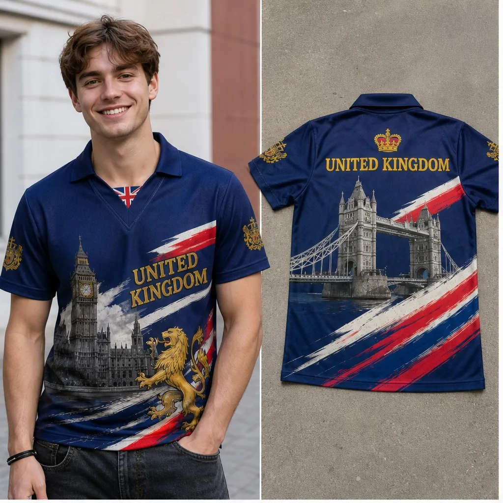 Mens Half Polo V Neck T Shirt United Kingdom Big Ben Lion Tower Bridge Graphic Short Sleeve Casual Street Jersey Top Summer Wear
