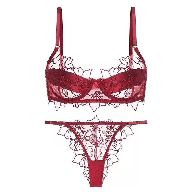 

Women Lingerie Adjustment Gathered Sexy Tassel Steel Ring Bra and Panty Set Lace Mesh Hollowed Out Underwear