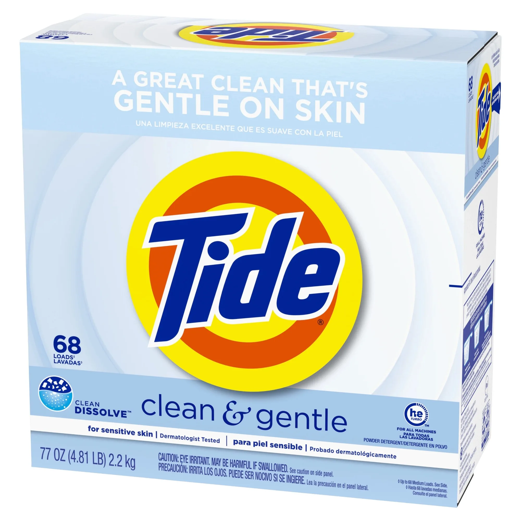 Detergente para ropa en polvo limpio y suave, sin aroma, 77 oz, 68 cargas