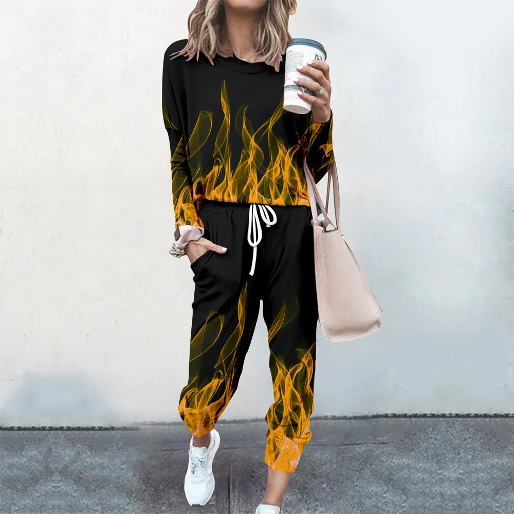 Spring Autumn Long Sleeve Green Fire Print Pullover and Pant Women Casual Sweatshirt 2-piece Set Jogger Sports Suit