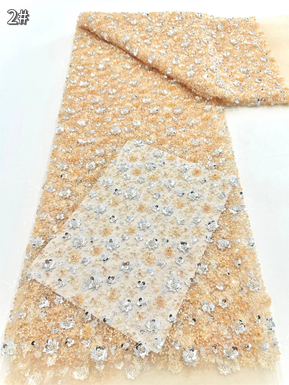 

African Luxury Beaded Tulle Lace Fabric 2024 Nigerian Handmade Heavy Sequins Pearls Lace Fabric Fro Bridal Wedding Dresse ST65T