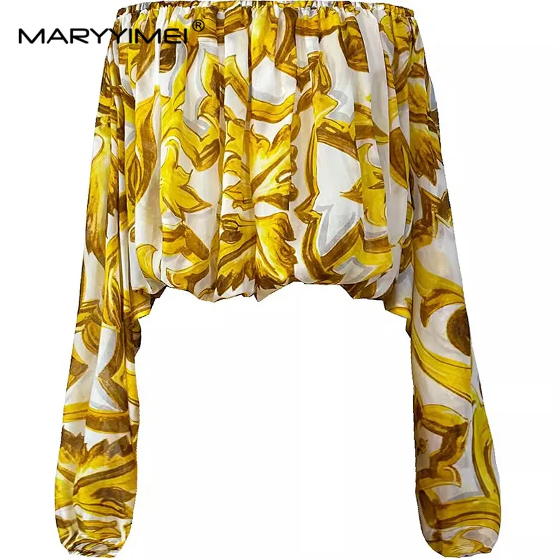 MARYYIMEI Summer Women's Suit Slash Neck Lantern Sleeved Tops+Casual shorts Baroque print Cotton 2 Piece Set