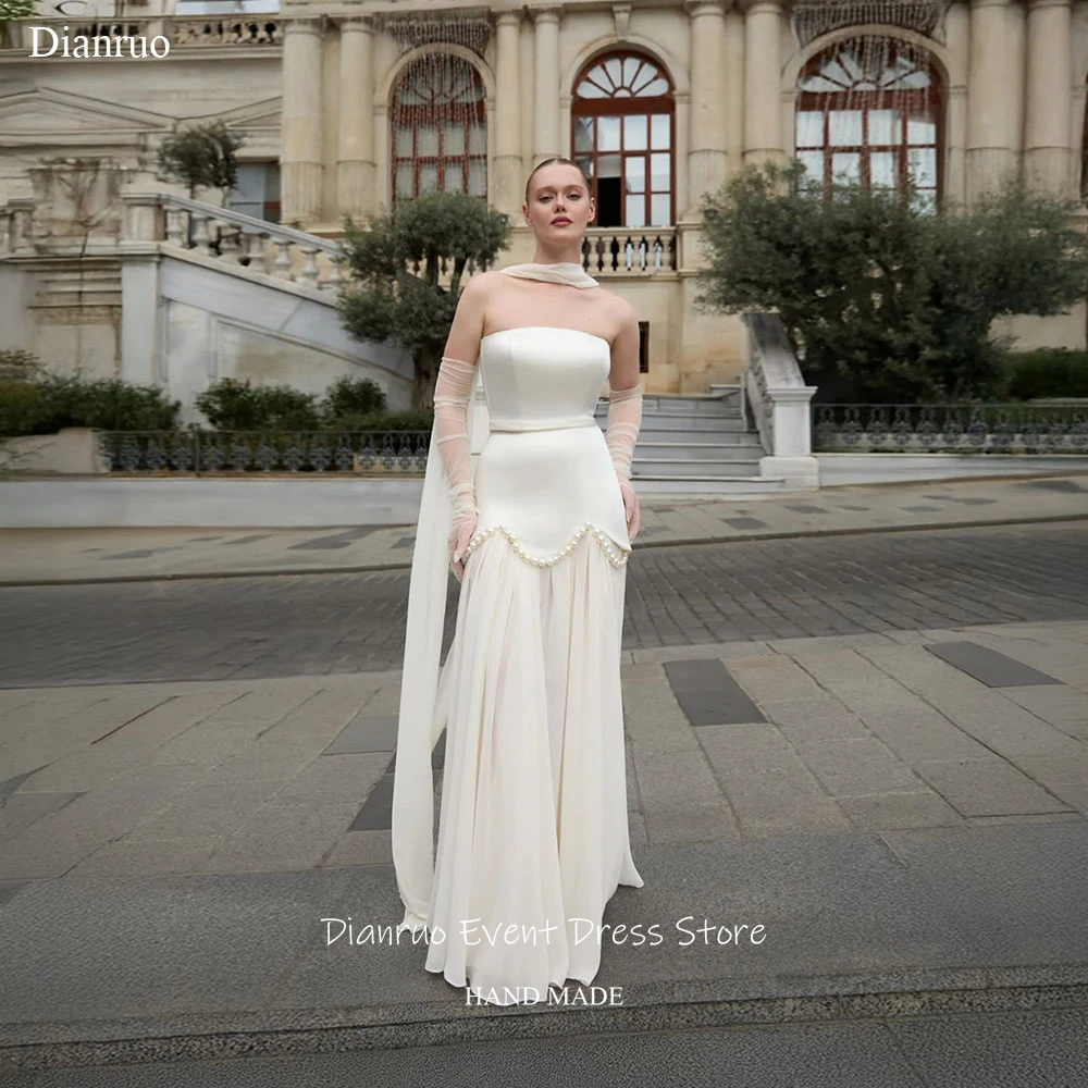 

Dianruo Luxury Pearls Wedding Dress A Line Strapless Evening Dresses A Line Chiffon Ribbons Bridal Vestido De Noiva Customized