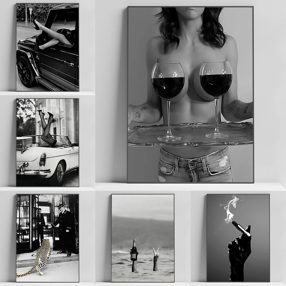 

Black and White Luxury Cars, Shoes, Wine Canvas Painting Leopard Poster Print Wall Fashion Art for Living Room Home Office Decor