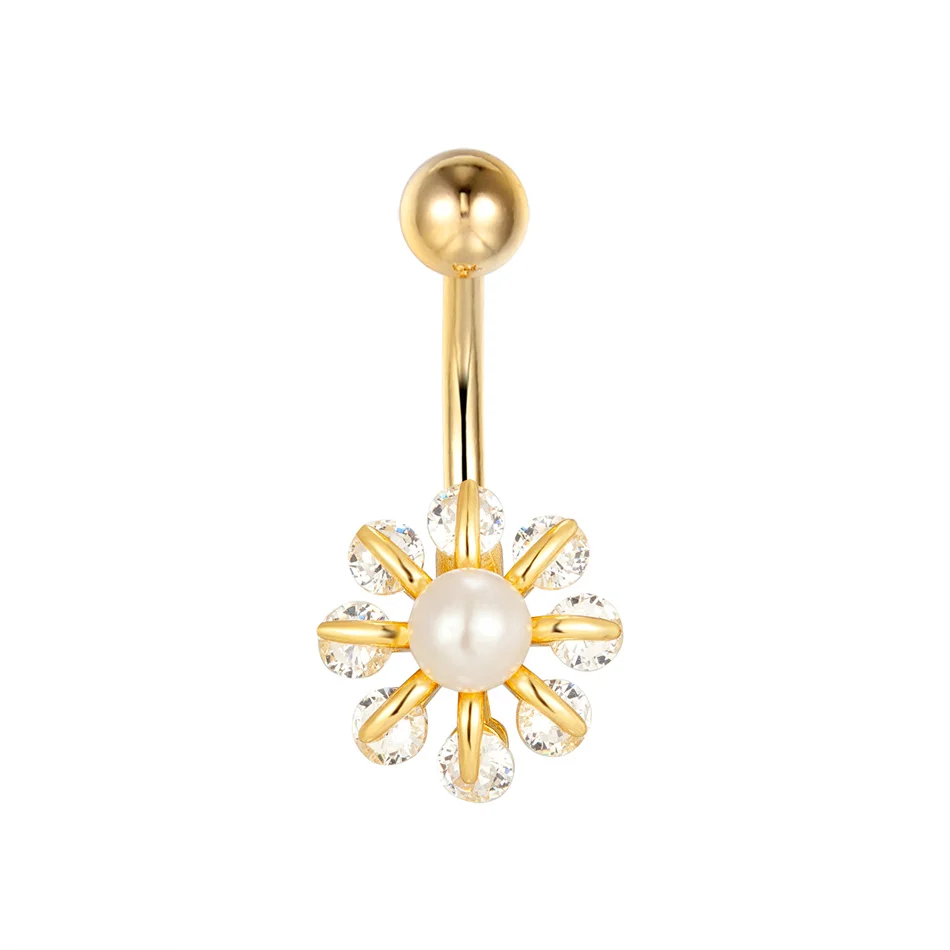 Bright Zircons Pearl Flower Belly Button Ring for Women 14G 10mm Surgical Steel Bar Sexy Navel Piercing Barbell Body Jewelry