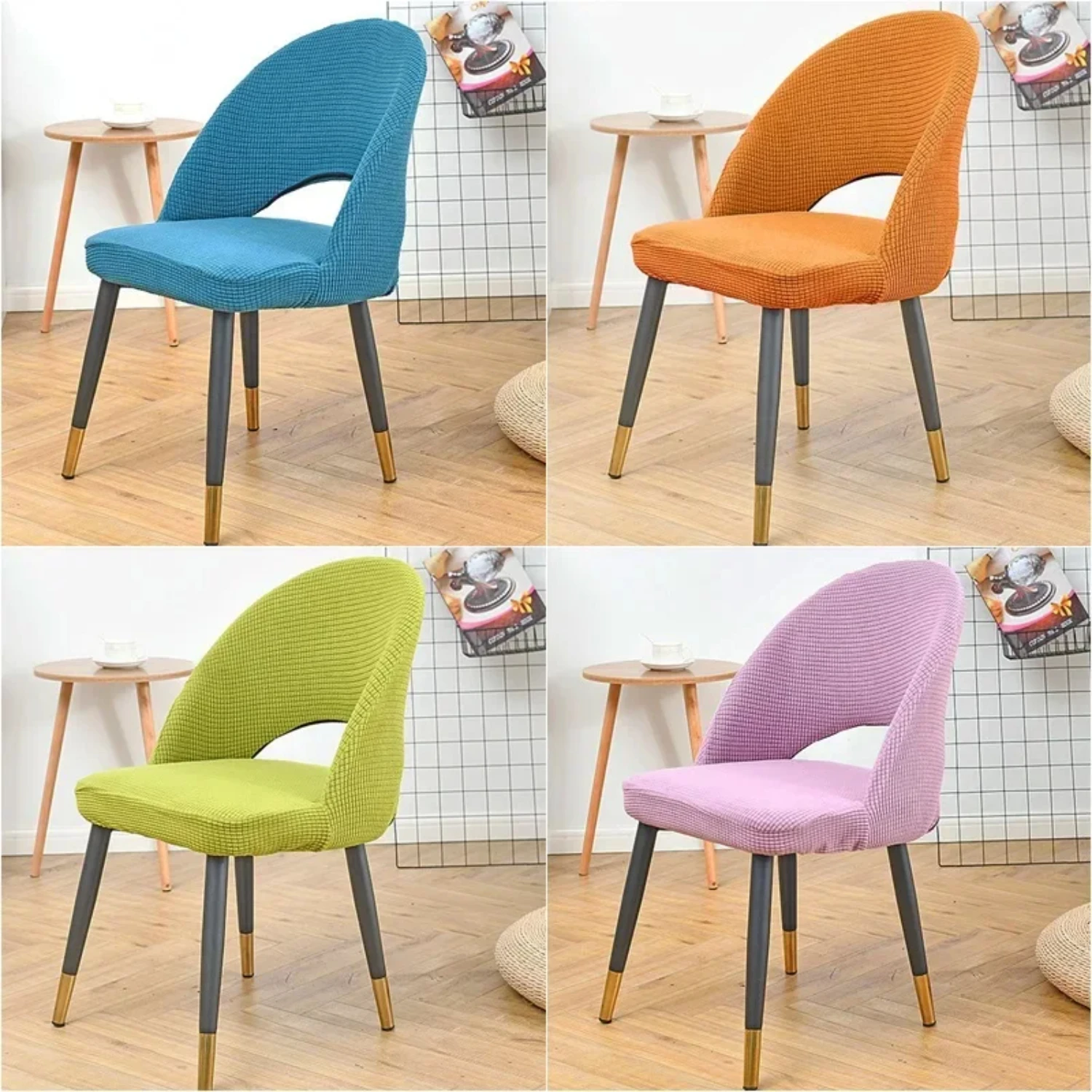 Elegant Solid Color Jacquard Arc Armchair Cover Set of 2, Stretch Elastic Dining Chair Covers for Hotel Office, Soft Spandex Sto