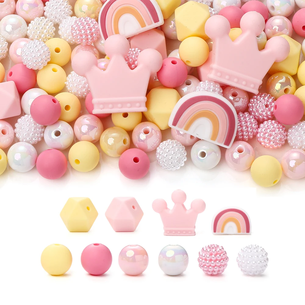 70Pcs Newborn Teether Silicone Bead Rainbow Crown Bead Food Grade Diy Baby Pacifier Chain Jewelry Accessories for Jewelry Making