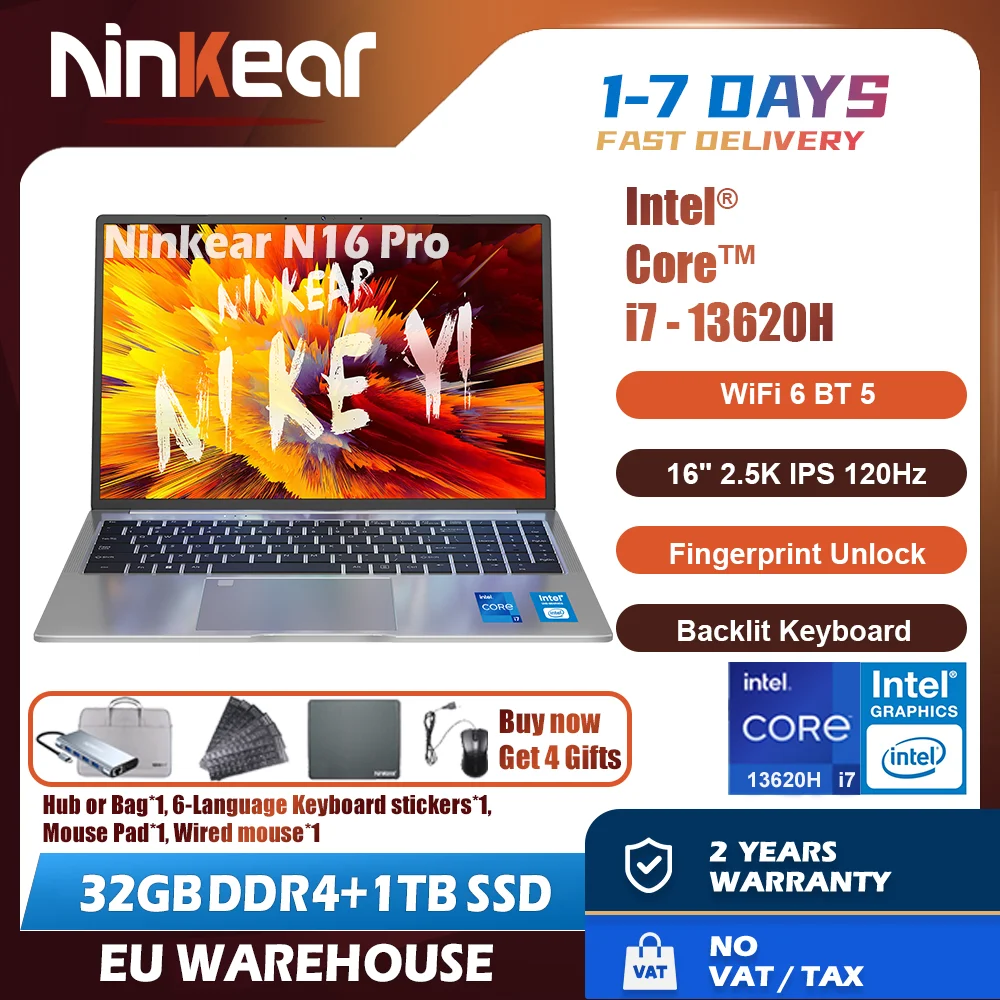 Ninkear N16 Pro Gaming-Laptop 13. Intel i7-13620H 16-Zoll 2,5K IPS 120Hz Computer 32 GB DDR4+1 TB SSD WiFi 6 Fingerabdruck-Entsperrung