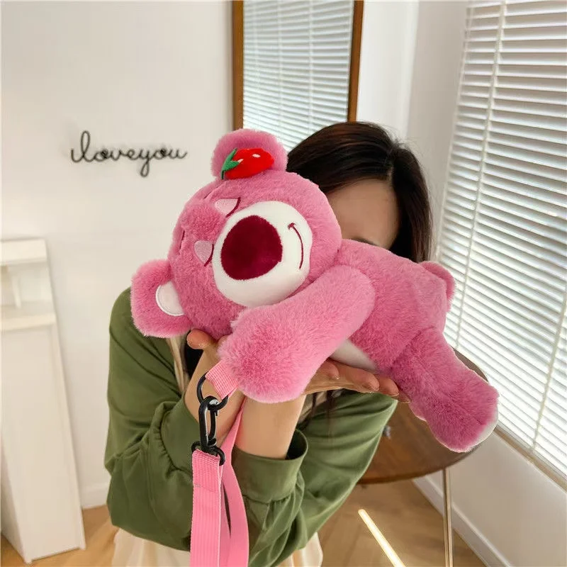 

Cute cartoon strawberry bear plush toy bag, girl's heart shoulder bag, crossbody bag, teddy bear doll backpack, children's bag