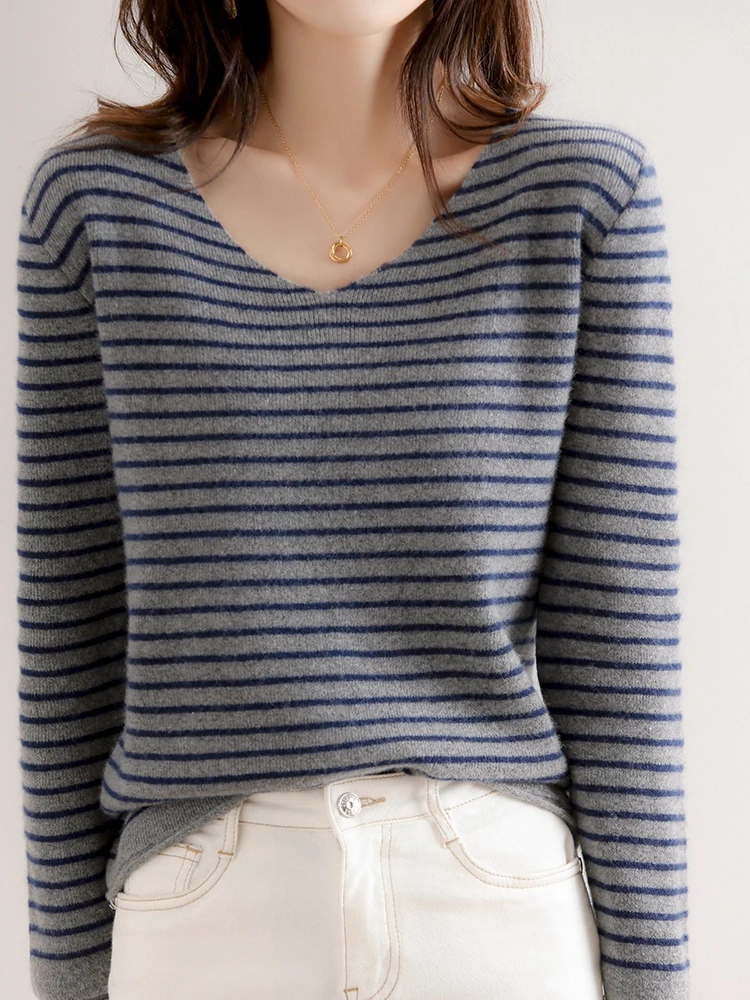 Women New Merino Wool Sweater V-neck Pullover Autumn Winter Cashmere Bottoming Striped Knitwear Long Sleeve Clothing Tops