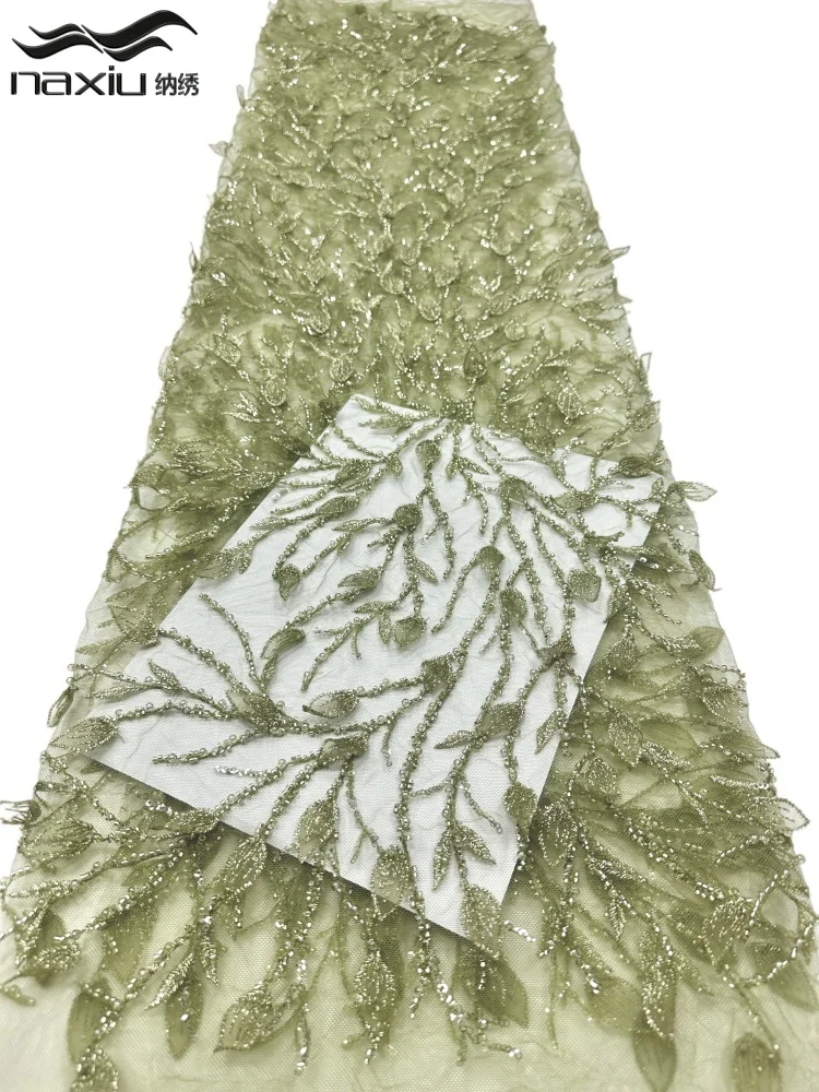 Madison Nigerian 3d Handmade Beaded Lace Fabric France Sequins Embroidery Beads Mesh Lace Fabric for Wedding Bridal Party Dress