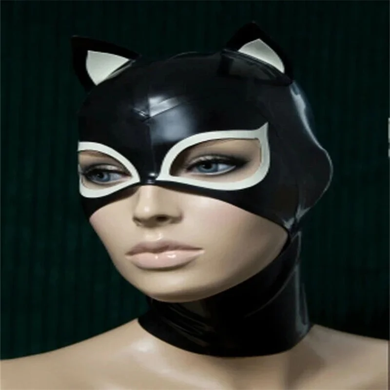 

Latex Rubber Mask hood White Cool Cat Ear Hood Halloween Cosplay for men women