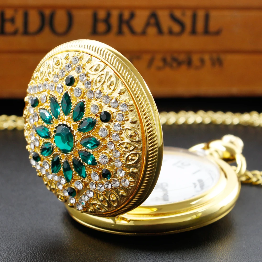 Green Diamond Handicrafts Quartz Pocket Watch Vintage Luxury Gold Necklace Ladies Pendant Best Gift reloj mujer analogico