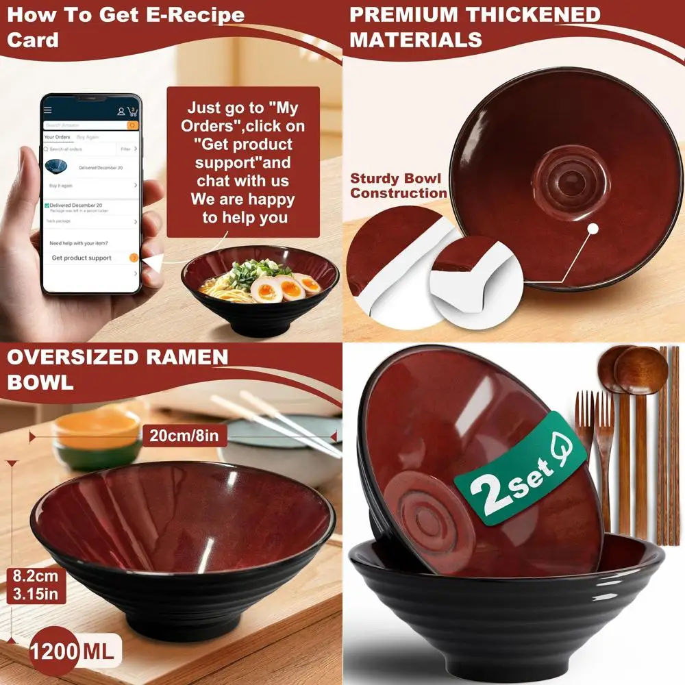 

8-Piece Ceramic Ramen Bowl Set - Japanese Style Porcelain, Dishwasher and Microwave Safe, Ideal for Noodles, Salads, Cereal, Pas