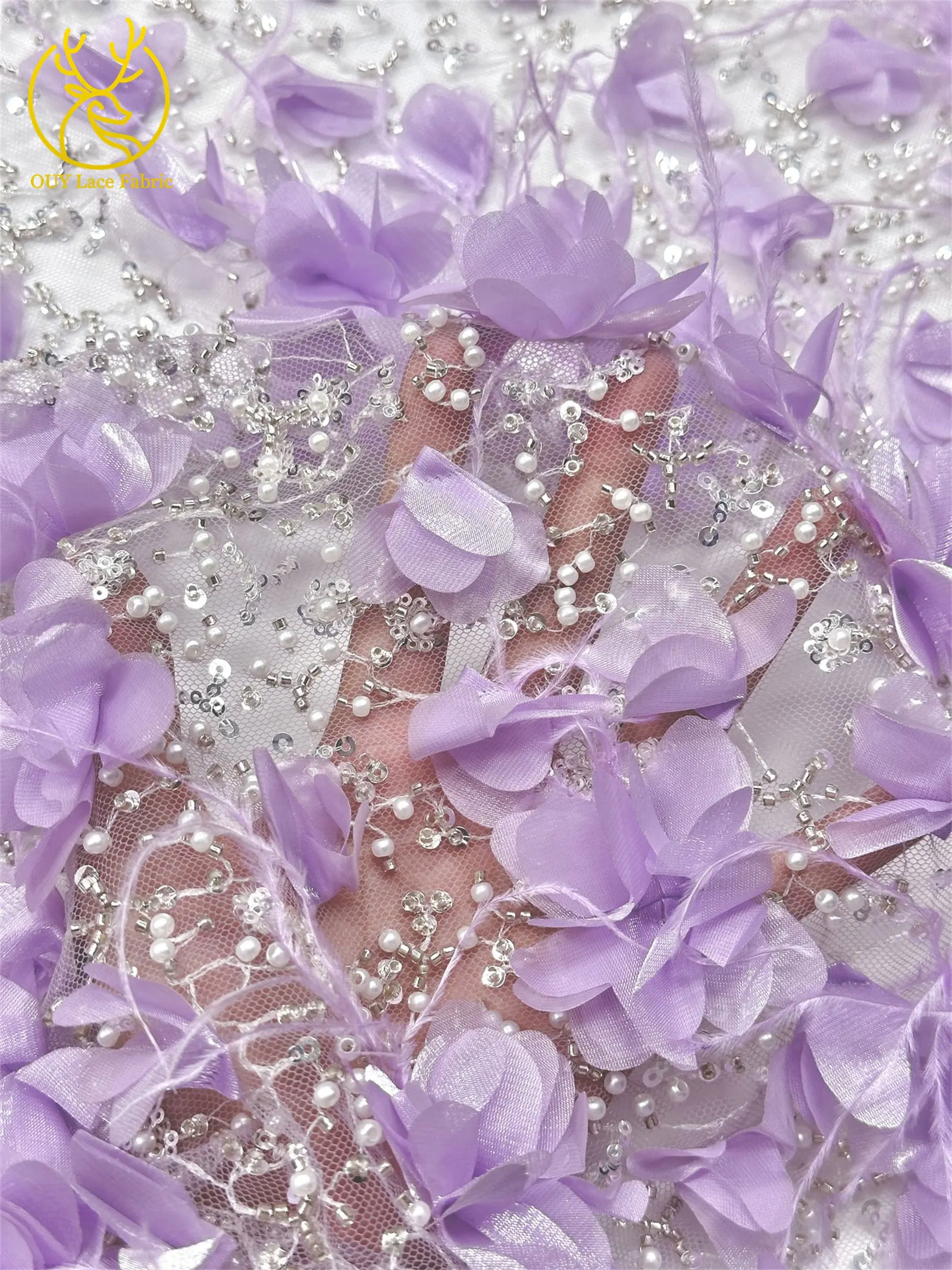 Eleganter handgefertigter 3D-Applikations-Spitzenstoff 2026, hochwertige französische Pailletten-Tüllspitze für Hochzeits- und Partykleider, 5 Yards – Detail 12