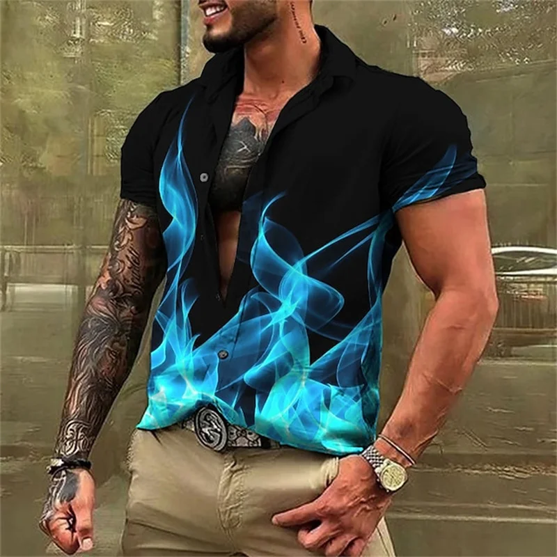 Flame 3D Printed Shirt Hawaii Short Sleeved Top Men's Loose Fitting Fashionable Beach Clothes Summer Breathable men's Clothing