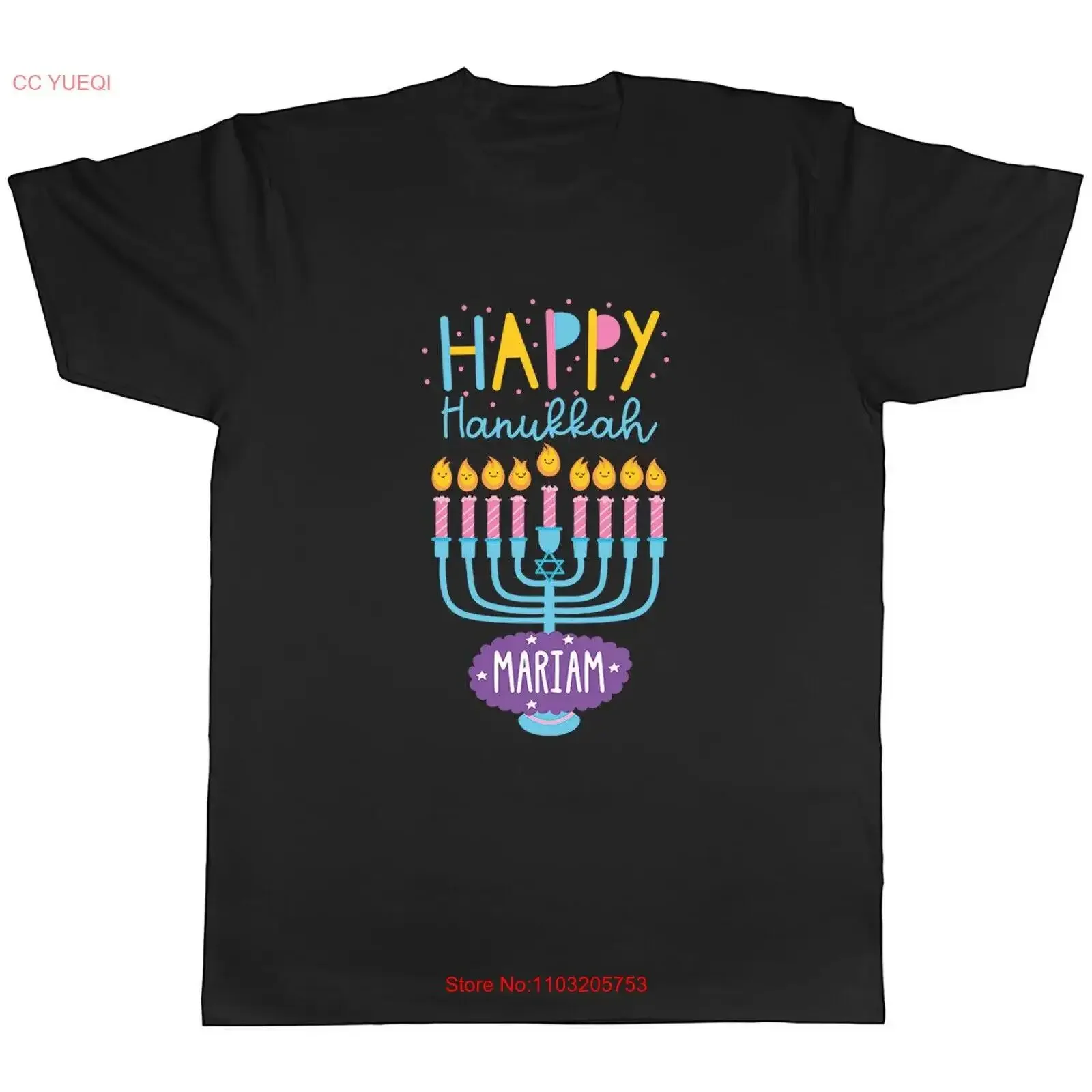 

Personalised Happy Hanukkah Any Name Mens T Shirt Pink Blue Candles Jewish vintage Washed Unisex Casual streetwear Breathable