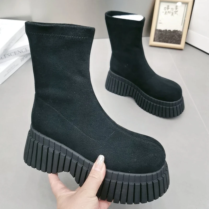 Pink Ladies Elastic Boots New Shoes Slip on Fashion Women Sock with Wedges Shoes Footwear Platform Botines Mujer Ankle Boots