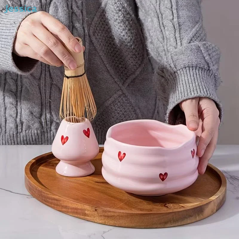 ♥ Juego de batidores Matcha con corazón rosa |   Kit de soporte/cuenco de cerámica y Chasen de bambú para preparación Matcha