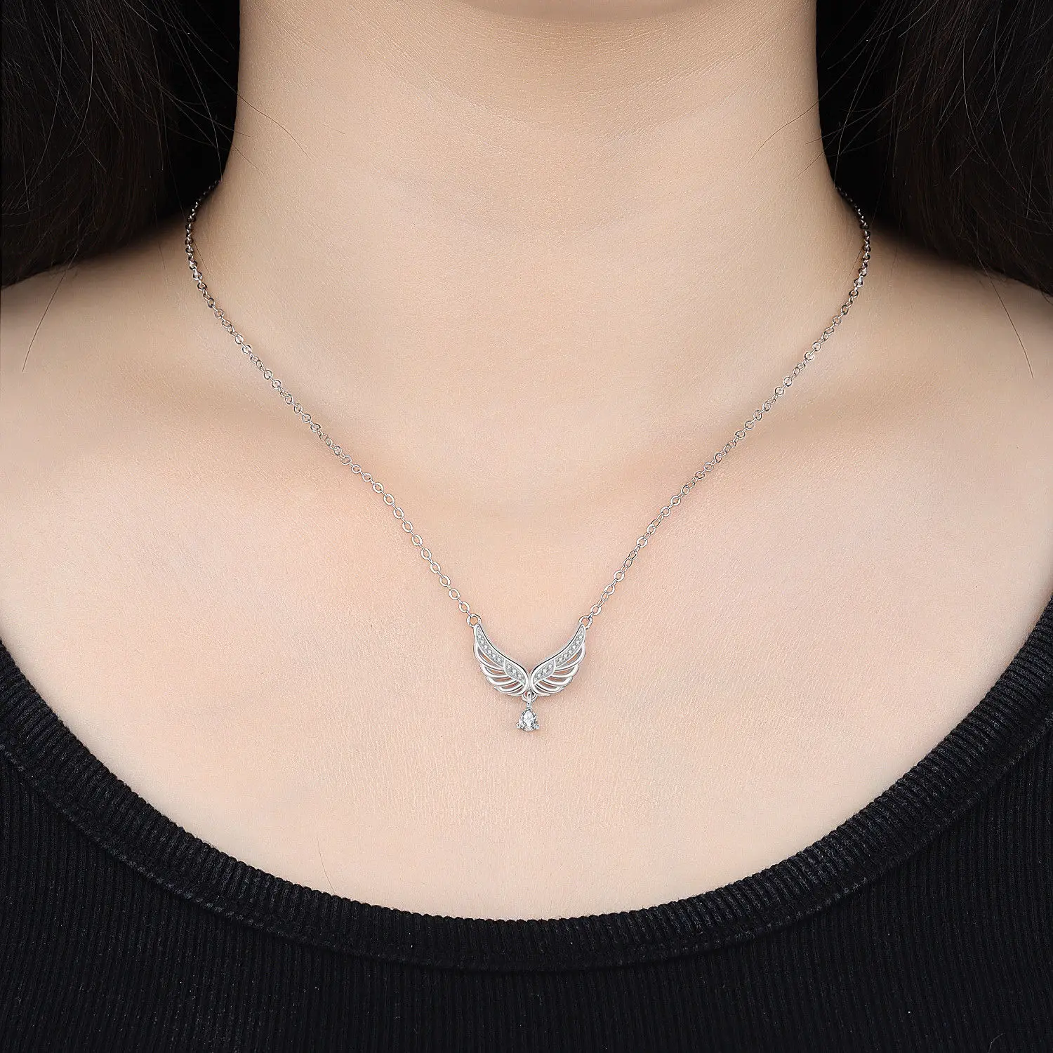 Orstarry Halskette mit hohlen Flügeln und Quasten aus 925er-Sterlingsilber, Wassertropfen-Anhänger, Halskette für Frauen, Geburtstagsgeschenke, edler Schmuck – Detail 2