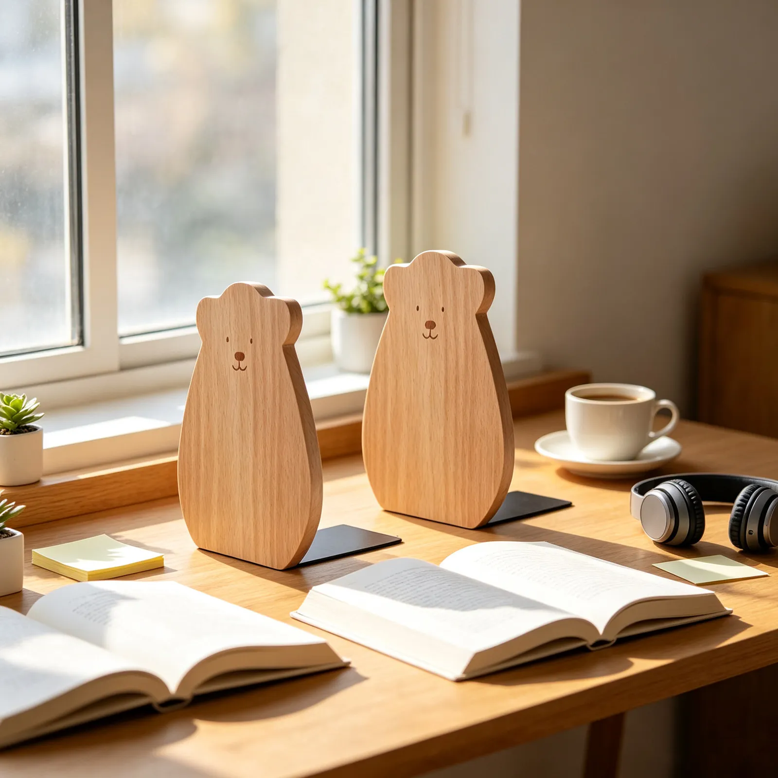 2Pcs Natural Wood Bookends Minimalist L Shaped Desk Organizer Bear-Shaped Book Support for Office Dorm Textbooks Novels