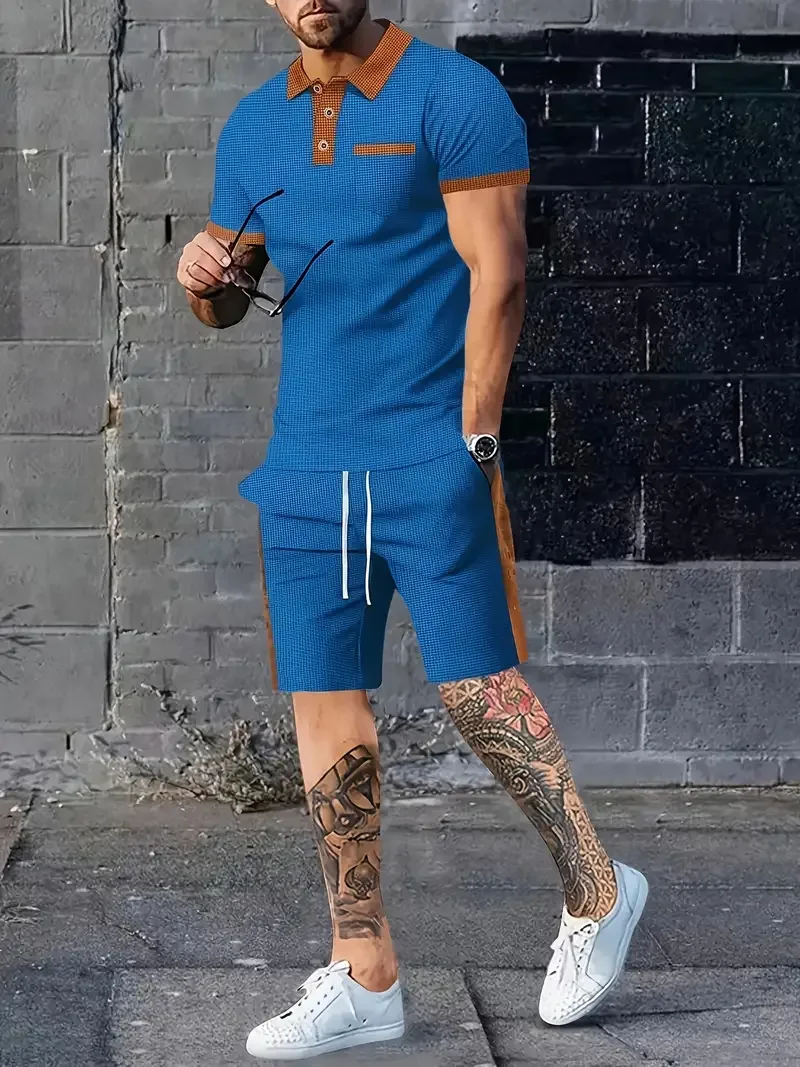 

New Summer men's Short-sleeved Shorts Set Europe and the United States Waffle Solid Color Zip-up Lapel t-shirt sweatshirt