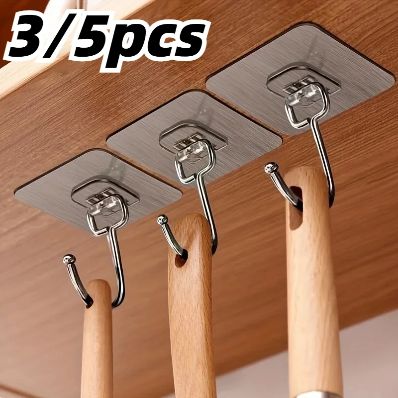 5pcs Strong Large Hook Multi-Purpose Self Adhesive Hook Heavy Duty Wall Hooks Door Key Towel Wall Hook for Bathroom Kitchen Home
