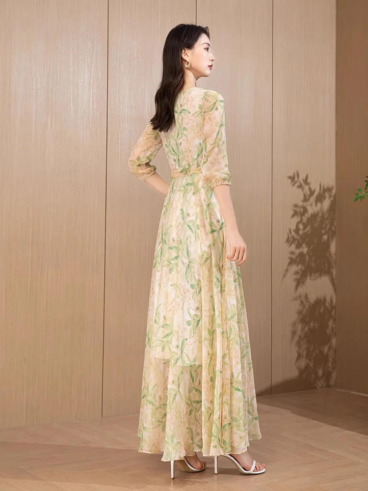 Neu Langes Kleid aus Chiffon mit Print für Damen Frühling Sommer Mode V-Ausschnitt Halbarm Schlanke Taille Fließendes Kleid Elegantes Kleid mit Feenmuster
