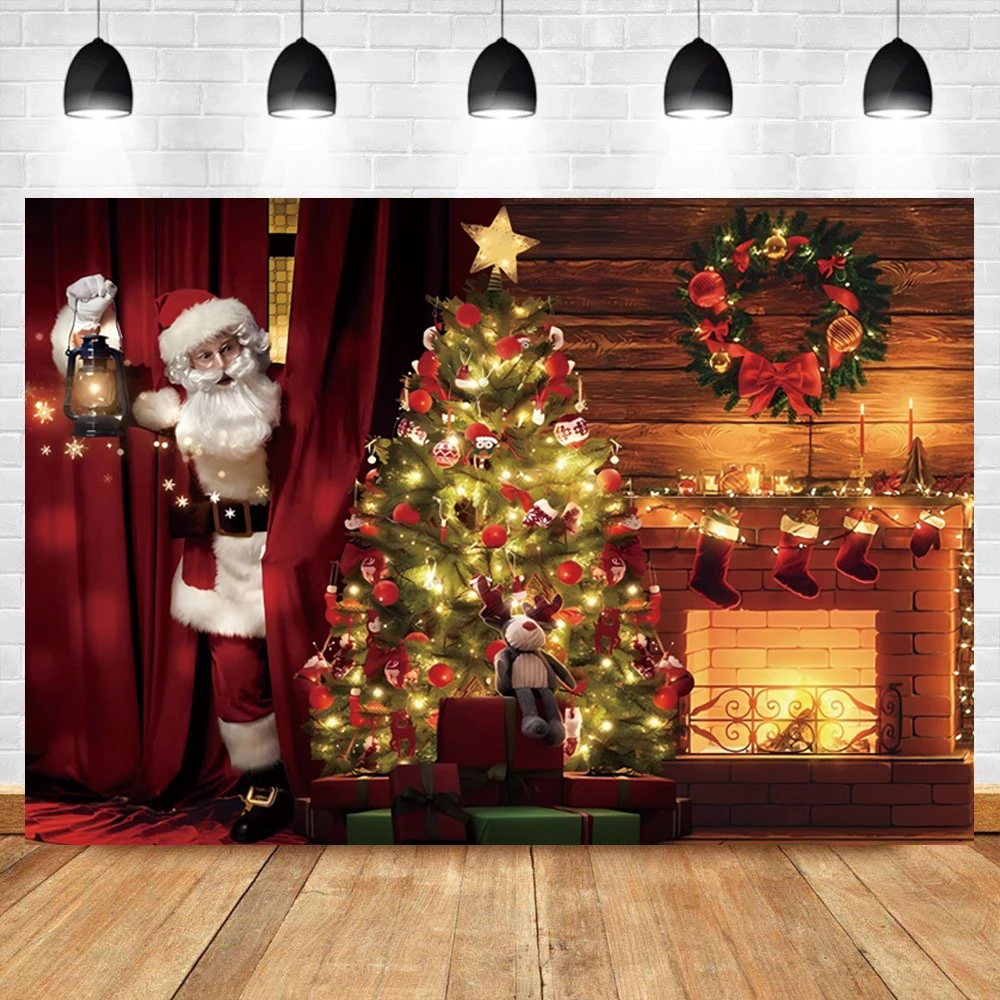 Christmas Photography Background Window Curtain Fireplace Winter Snow Night Xmas Tree Kids Family Portrait Decor Photo Backdrop