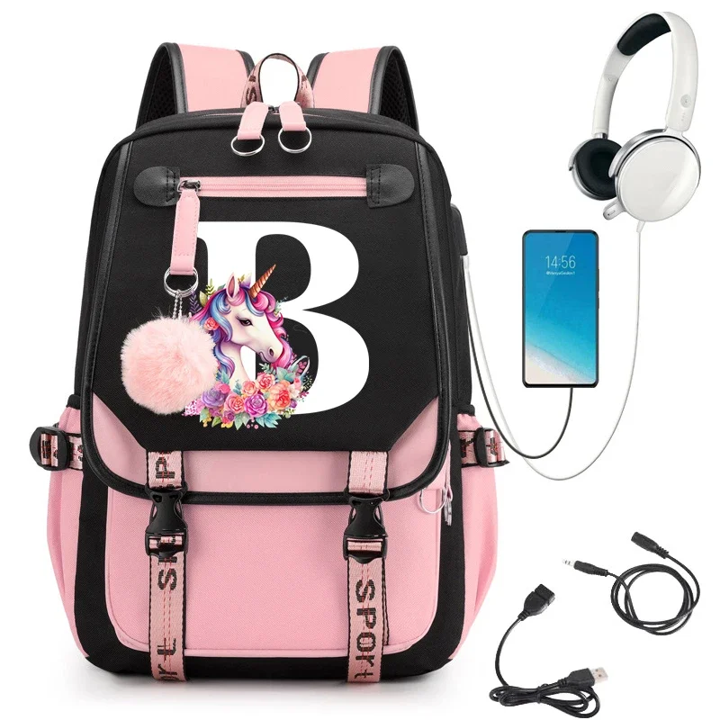 Harajuku Fashion Unicorn Girl 26 Alphabet Student School Bags College Bag Zipper Travel Shoulders Women Backpack Aesthetic Bags