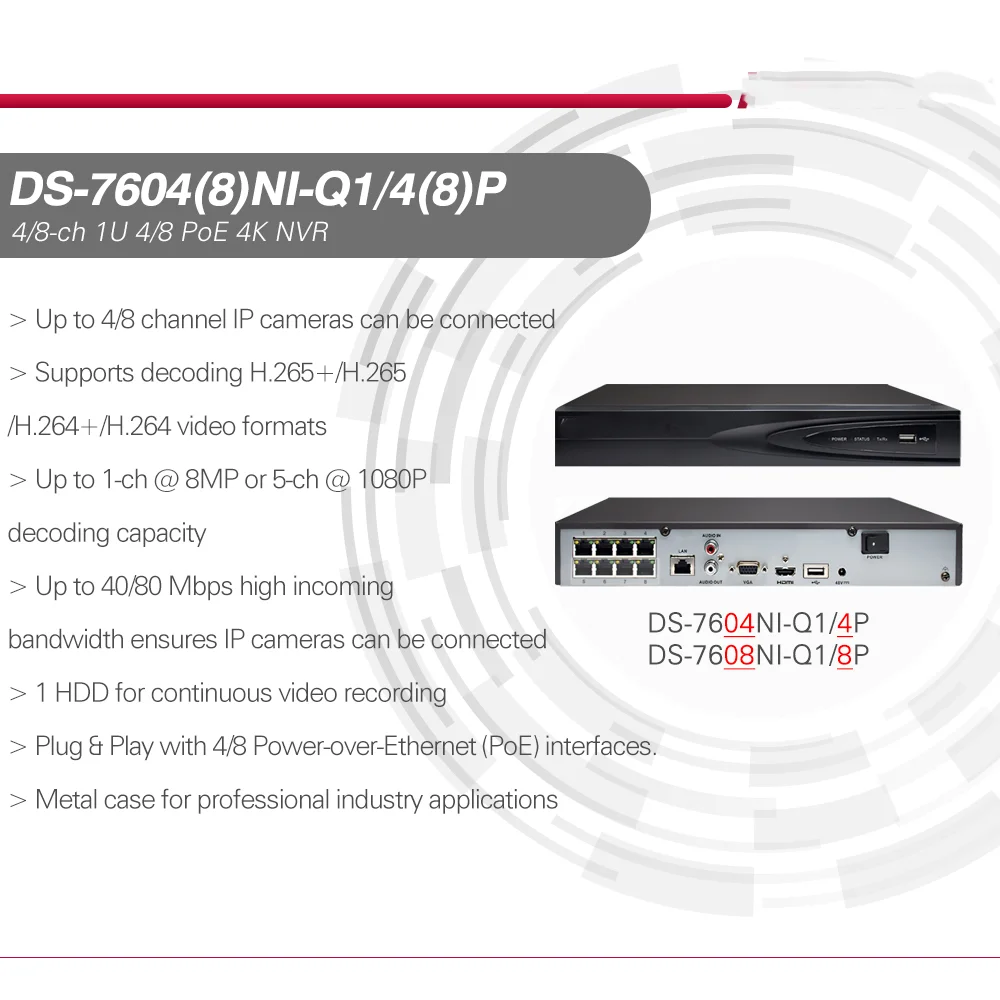 HIKVISION 4K 8CH 8POE NVR DS-7608NI-Q1/8P Network Video Recorder for IPC Security Protection Surveillance Video Recorder