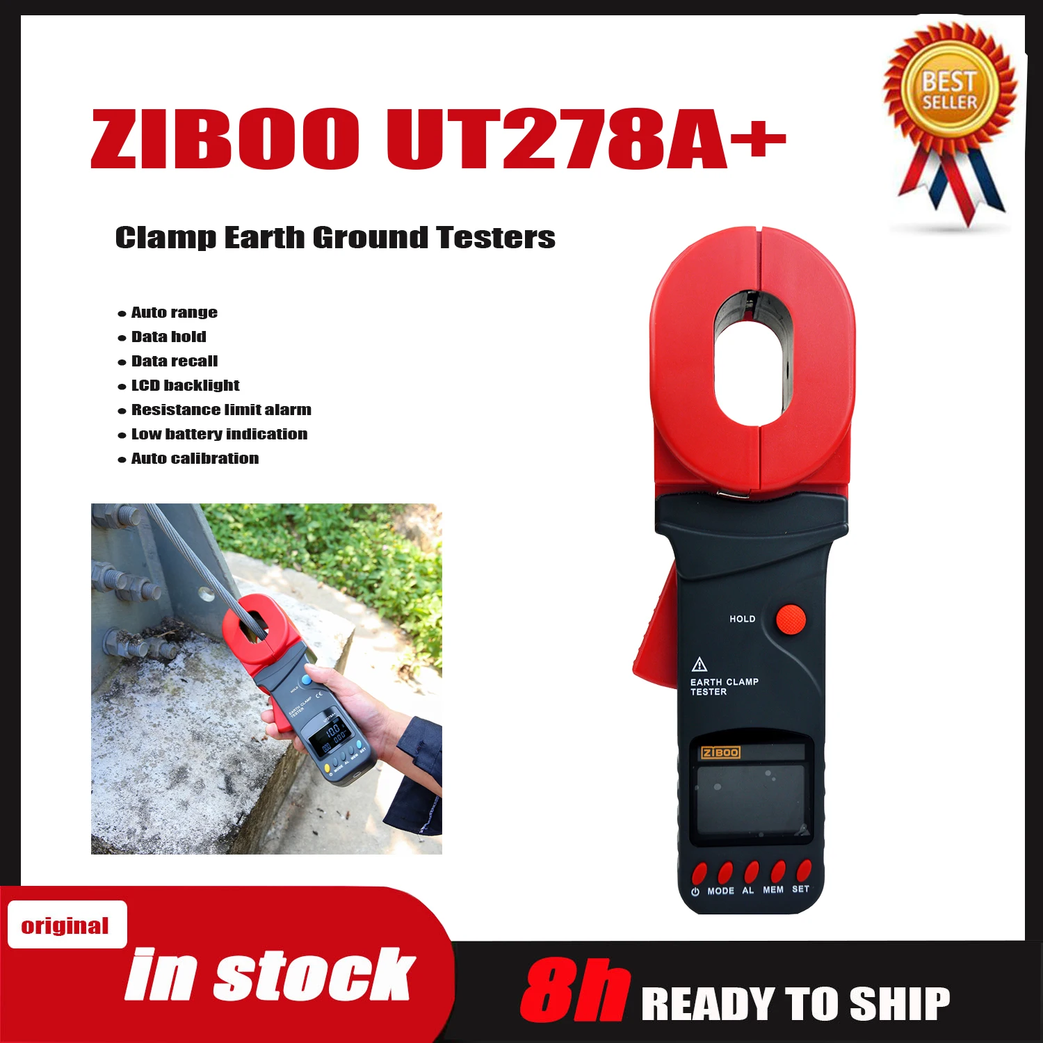 ZIBOO UT278A+ Clamp Ground Resistance Tester Ground Loop Resistance Measurement Range 32MM Big jaw Leakage Current Detection.